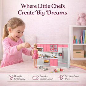 Liberty Imports doll kitchen playset storage shelves and pegs keep utensils tidy.
