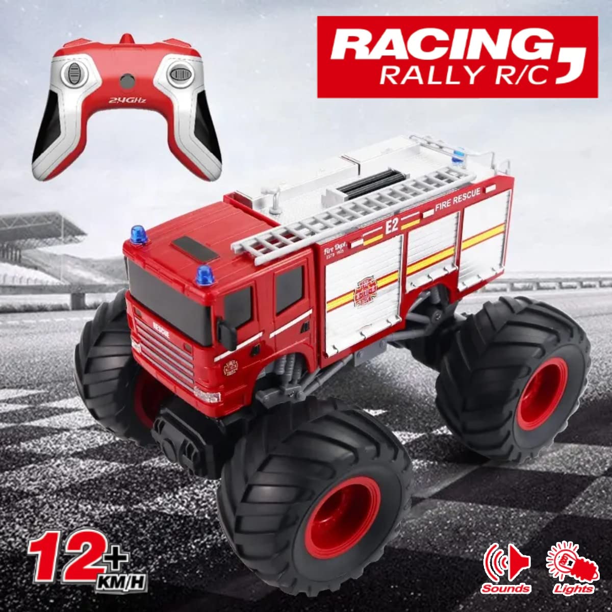 Liberty Imports fire-truck bus body lit showcases bright lights for nighttime racing.