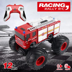 Liberty Imports fire-truck bus body lit showcases bright lights for nighttime racing.