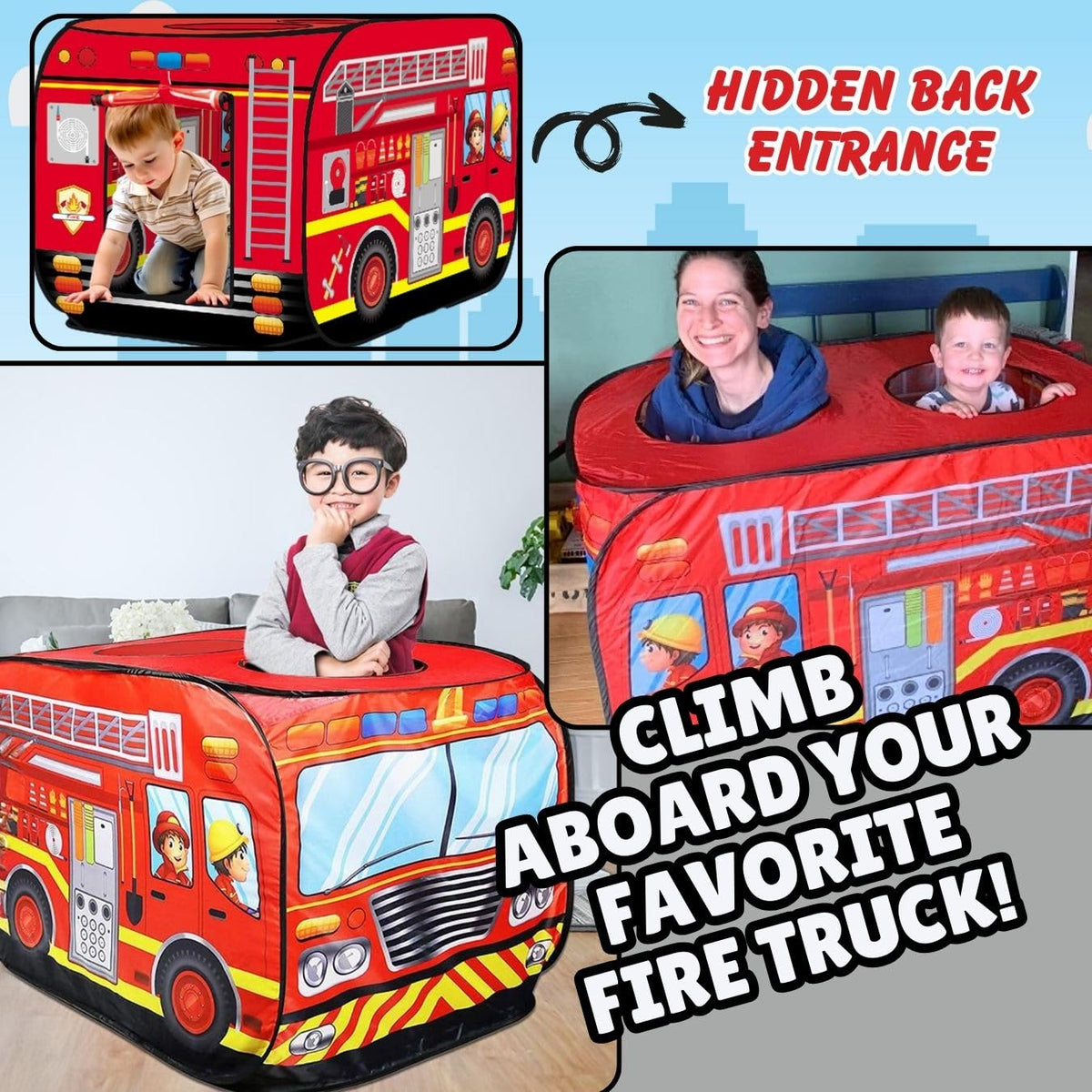 Liberty Imports Pop-Up Fire Truck Tent inside area supports pretend road trips