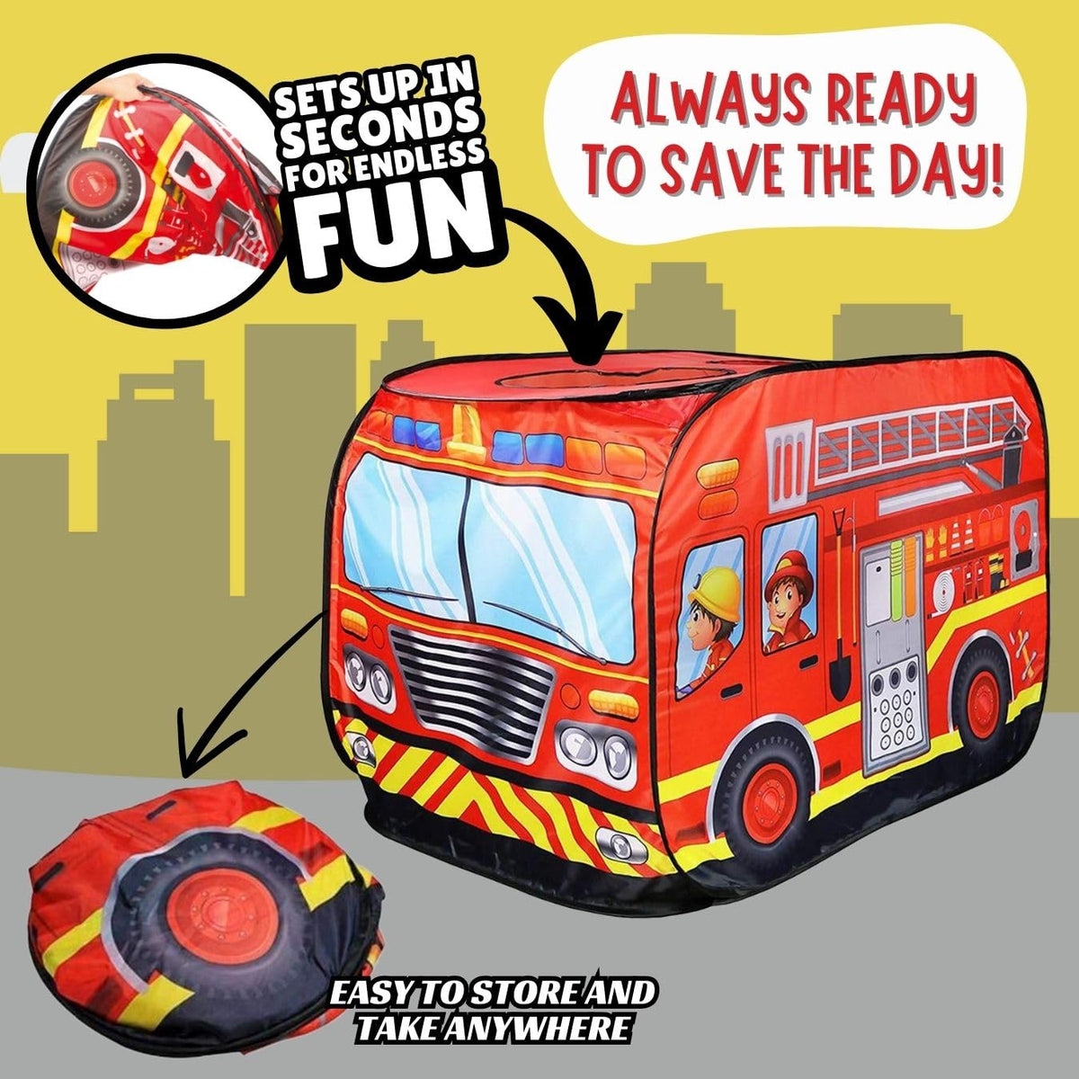 Liberty Imports Fire Truck Play Tent open design allows easy access and quick setup