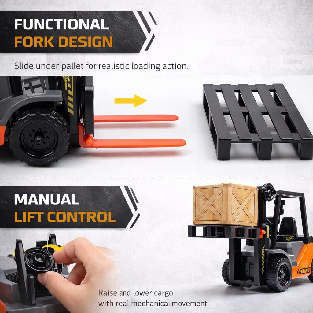 Liberty Imports forklift rolls smoothly on friction-powered wheels for battery-free fun