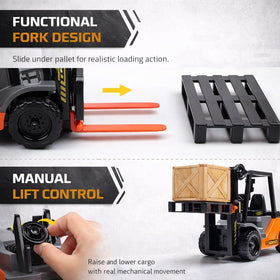Liberty Imports forklift rolls smoothly on friction-powered wheels for battery-free fun