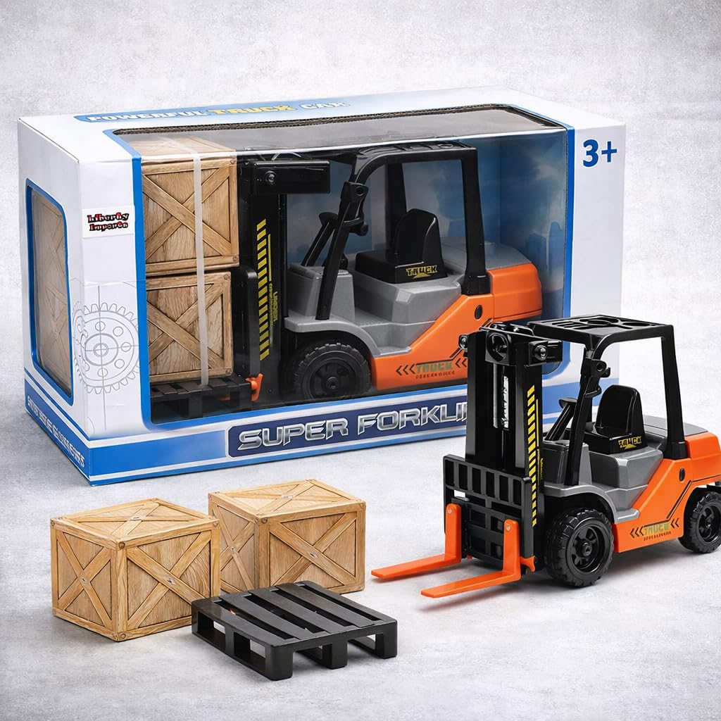 Liberty Imports toy forklift includes a pallet and two crates for pretend cargo