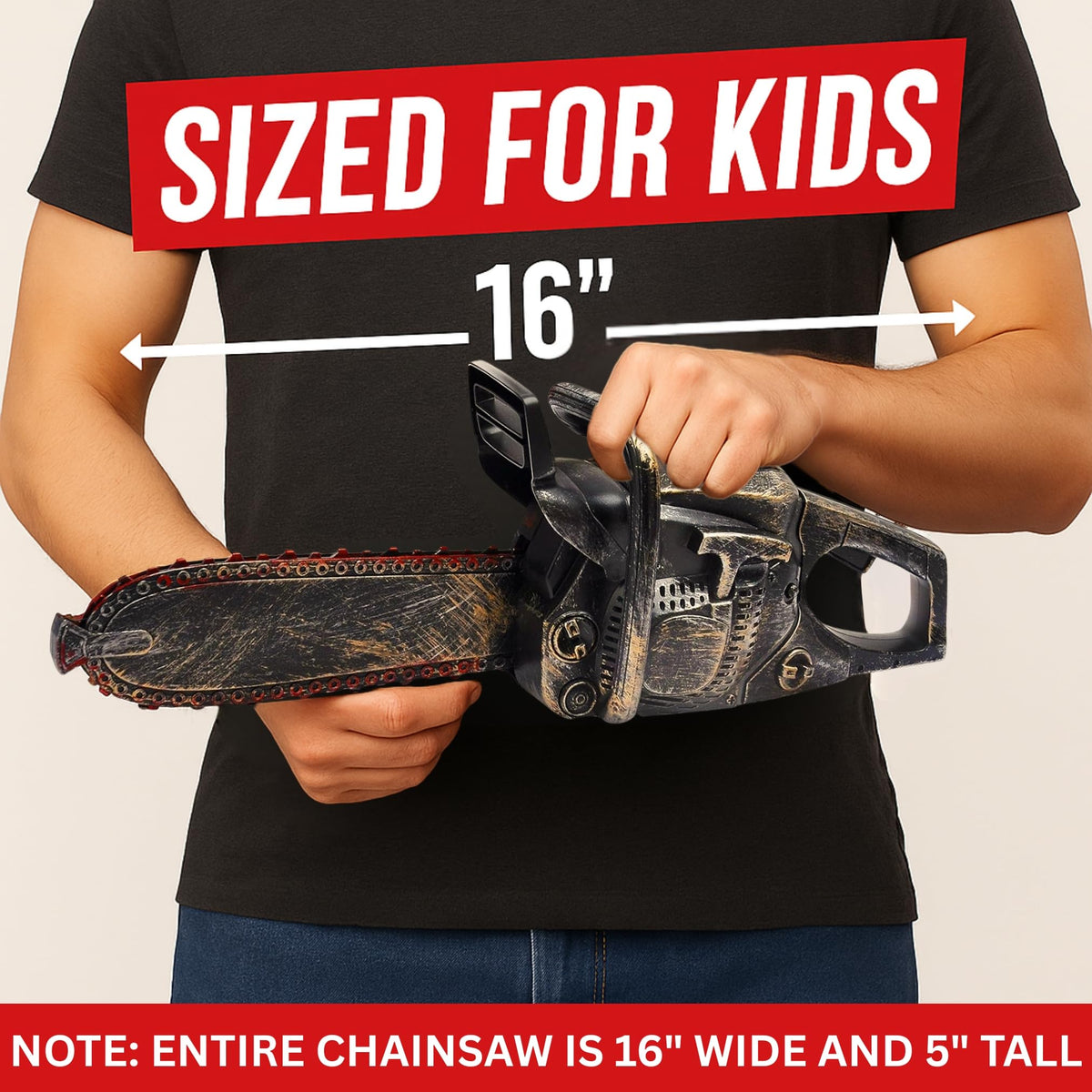 Liberty Imports spooky chainsaw prop used in haunted houses and costumes.