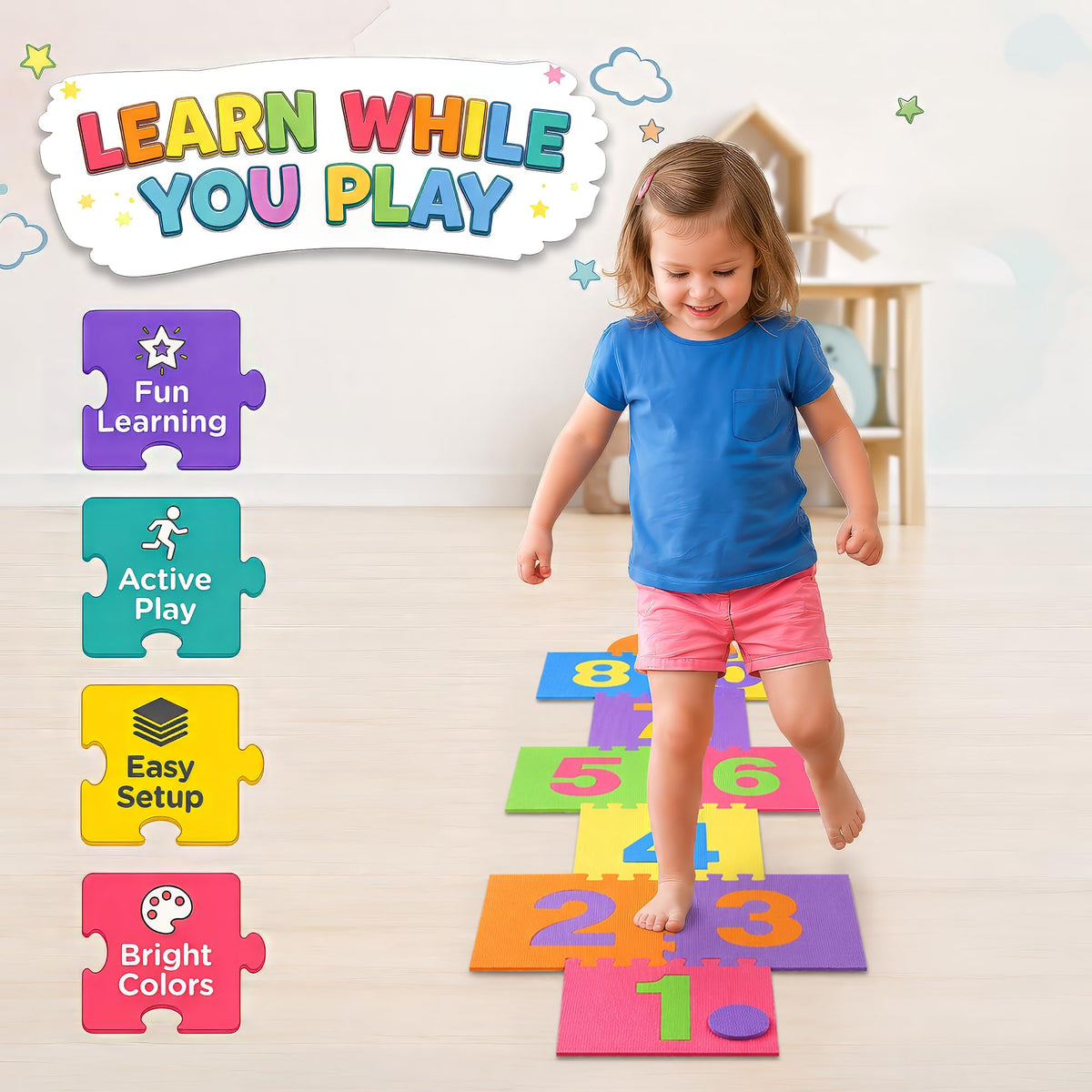 Liberty Imports hopscotch playmat packaged box highlighting portable learning tool.