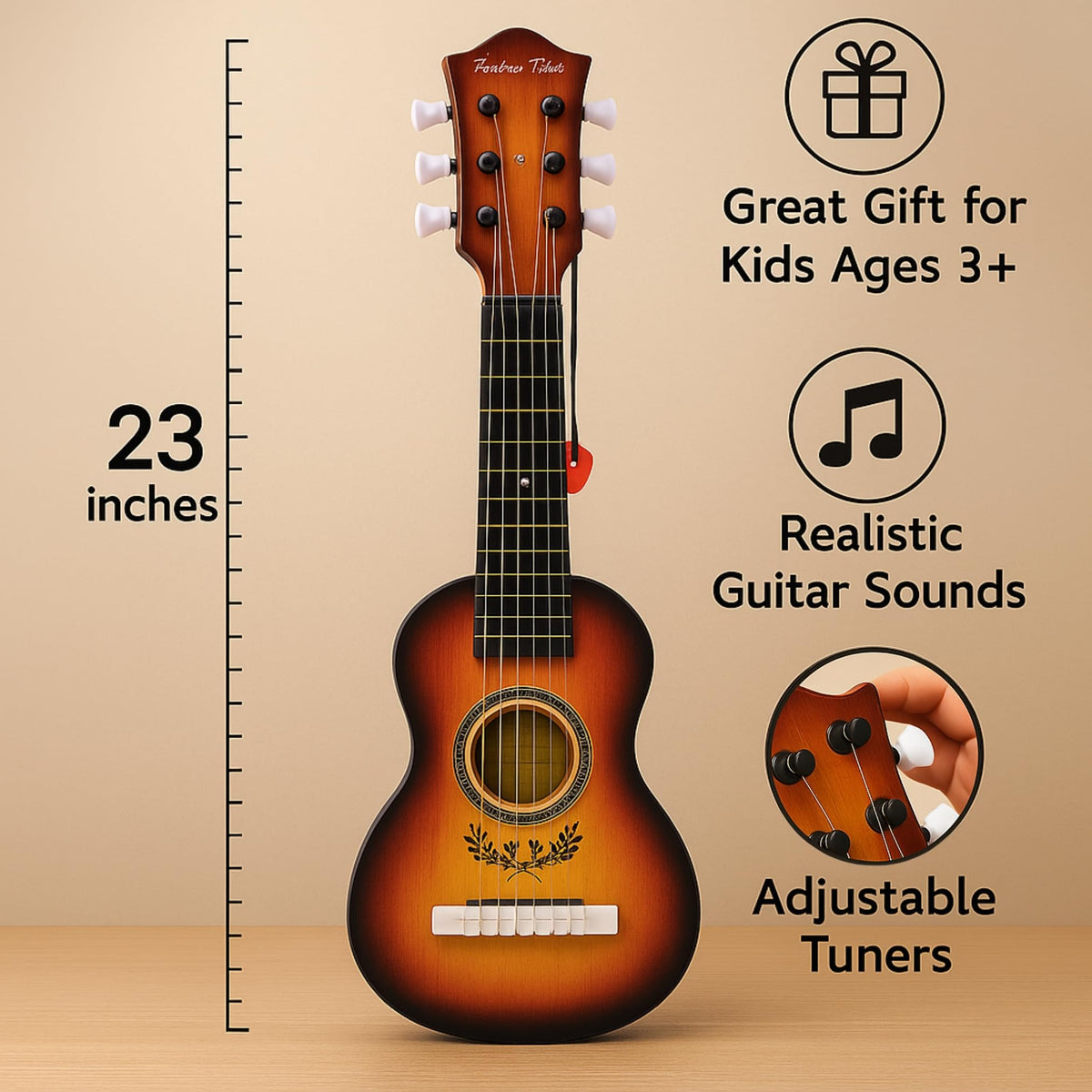 Liberty Imports kid-sized guitar in hand demonstrates comfortable grip.