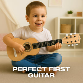 Liberty Imports kid sized guitar held by a young learner.