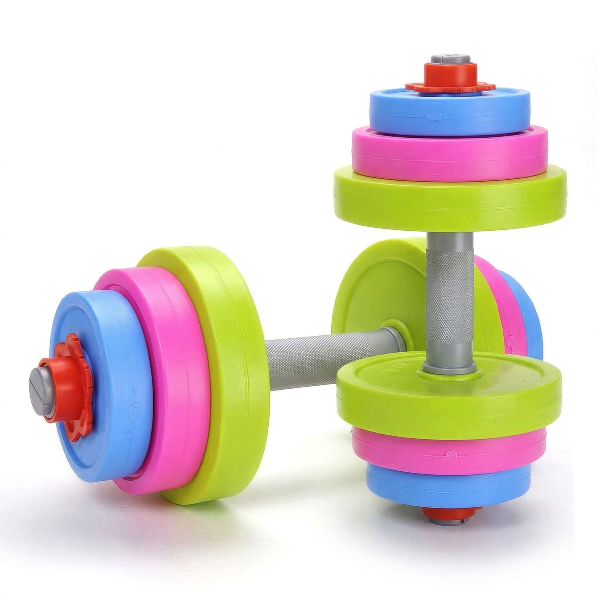 Liberty Imports kids dumbbell set in vibrant colors for pretend gym play.