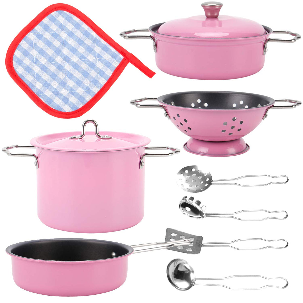 Liberty Imports kids stainless steel play kitchen pots and pans offer durable pretend cooking.