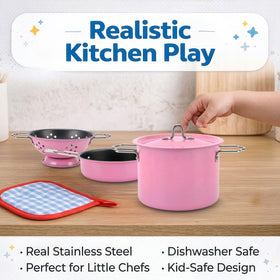 Liberty Imports kids stainless steel play kitchen utensils encourage imaginative meals and fine motor play.