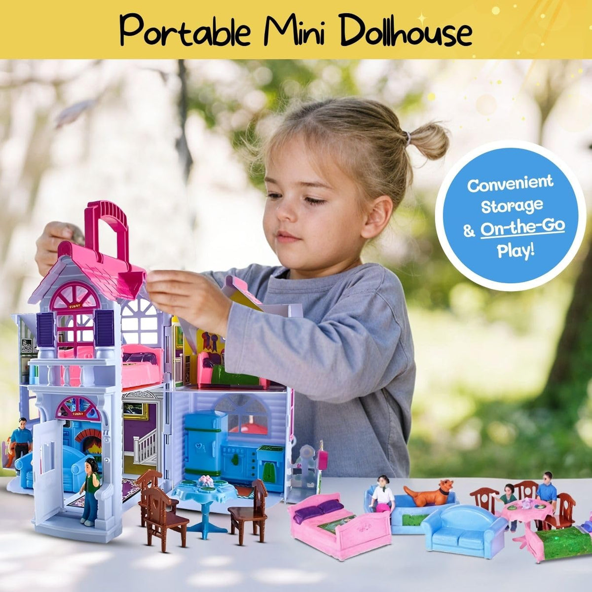 Liberty Imports My Pretty Dollhouse miniature family supports nurturing, imaginative adventures.
