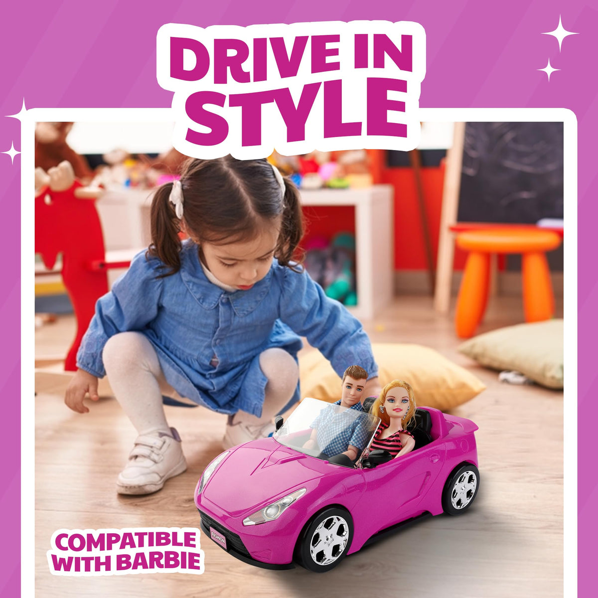Liberty Imports pink doll car with rolling wheels for realistic movement during play.
