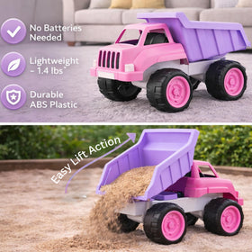 Child handling the lightweight Liberty Imports pink dump truck for easy maneuvering.