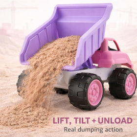 Liberty Imports pink dump truck shown outdoors for imaginative play sessions.