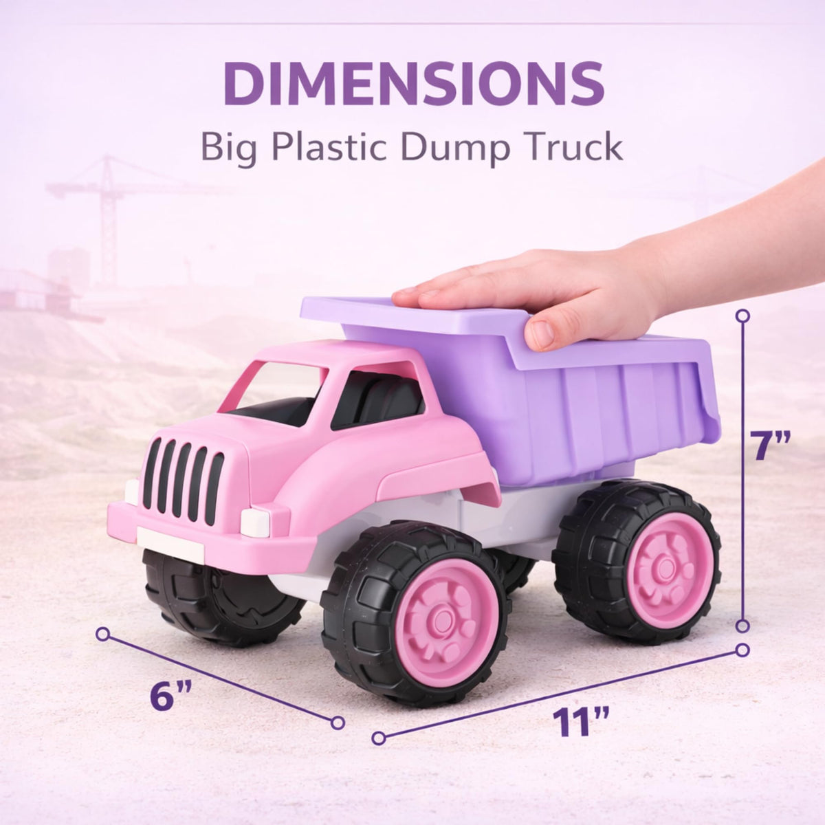 Close-up of Liberty Imports pink dump truck in a sandbox playground.