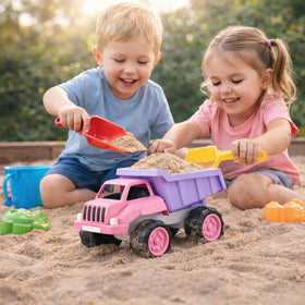 Lightweight pink dump truck from Liberty Imports easy to carry by toddlers.