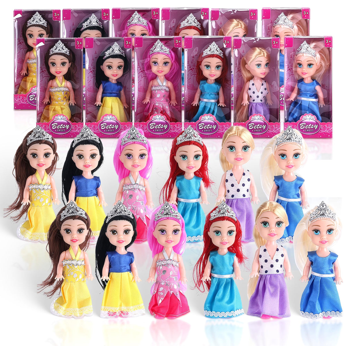 Liberty Imports 12-pack princess dolls arranged for imaginative play and display.