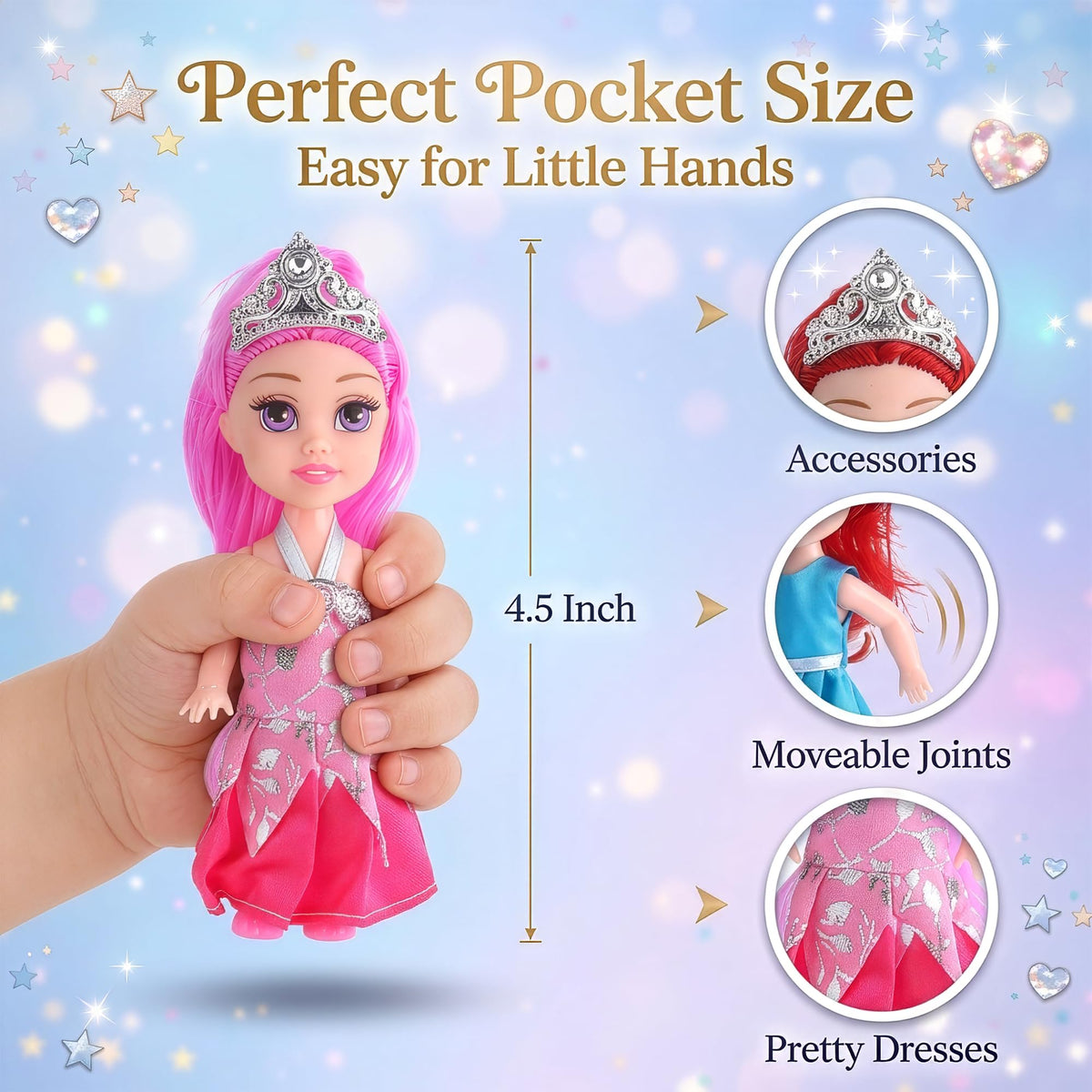 Close-up of shimmering dresses and matching tiaras on miniature princess dolls.