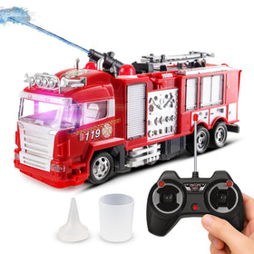 Liberty Imports RC Rescue Fire Engine with water pump spraying up to 10 feet for imaginative play.