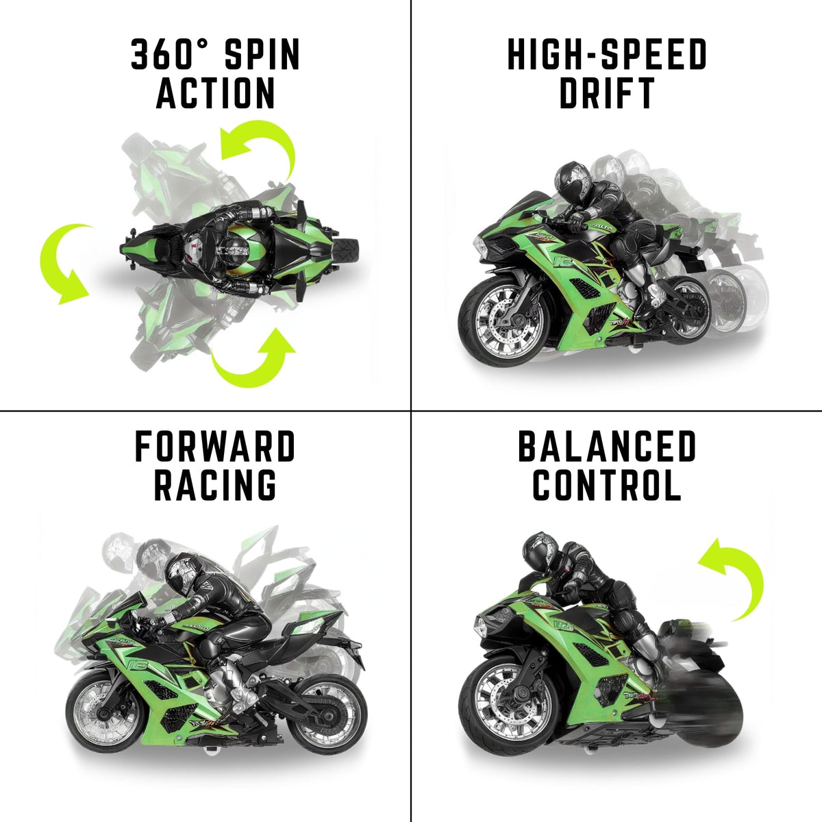 Durable ABS body and shocks on Liberty Imports RC stunt motorcycle in green