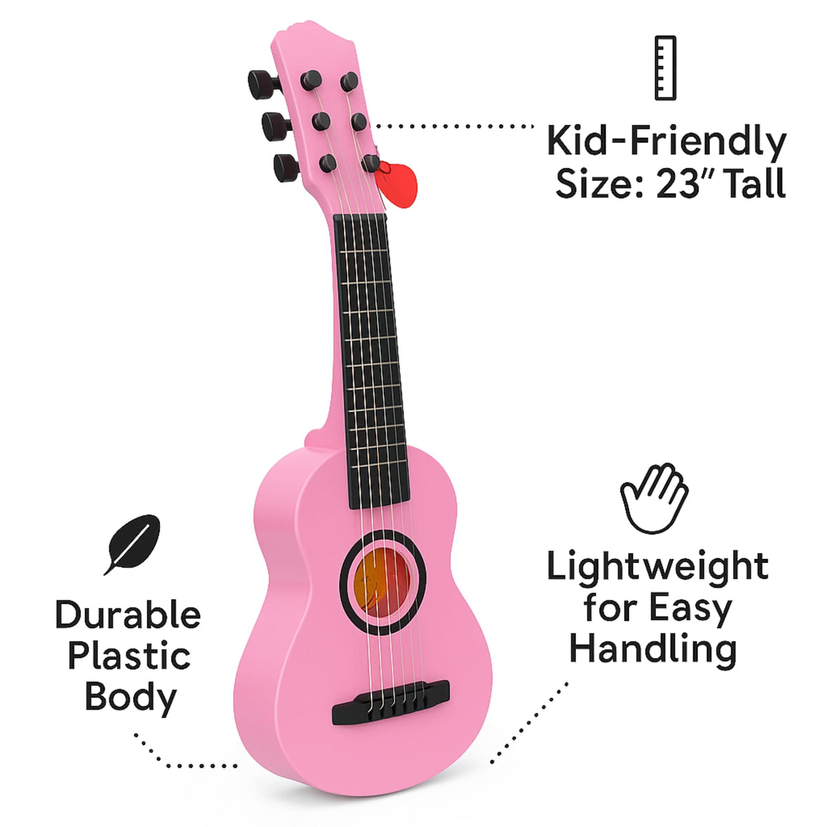 Liberty Imports pink toy guitar shown with realistic sounds to motivate practice.
