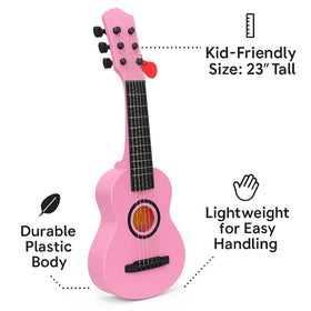 Liberty Imports pink toy guitar shown with realistic sounds to motivate practice.