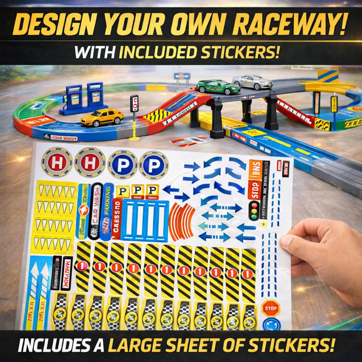 Liberty Imports traffic cones and street lights create a realistic racing scene.