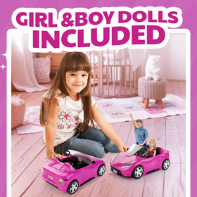 Liberty Imports two dolls in pink convertible car ready for storytelling and pretend road trips.