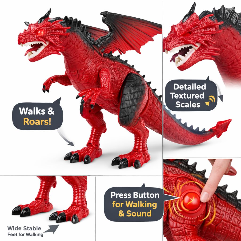 Liberty Imports Walking Dragon Toy with LED eyes, creates a vivid nighttime play scene.
