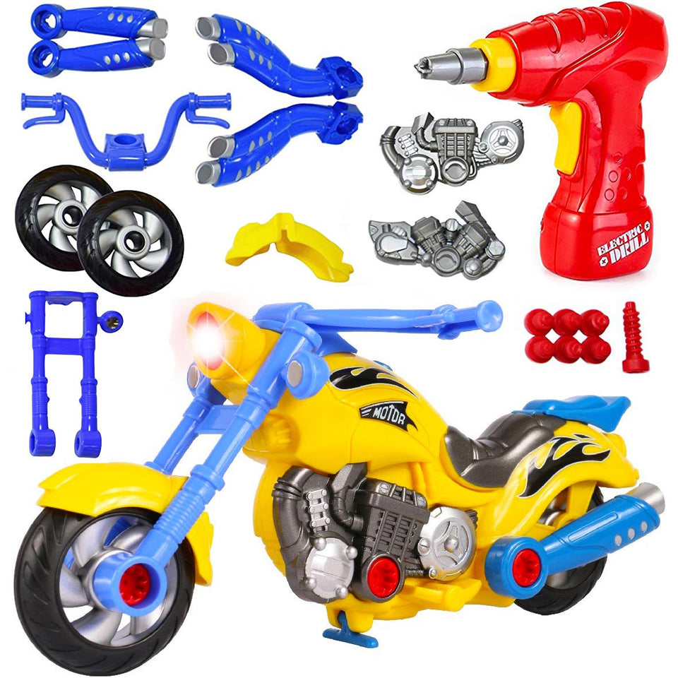 Liberty Imports take apart motorcycle with drill, engaging hands-on play and early engineering exploration.