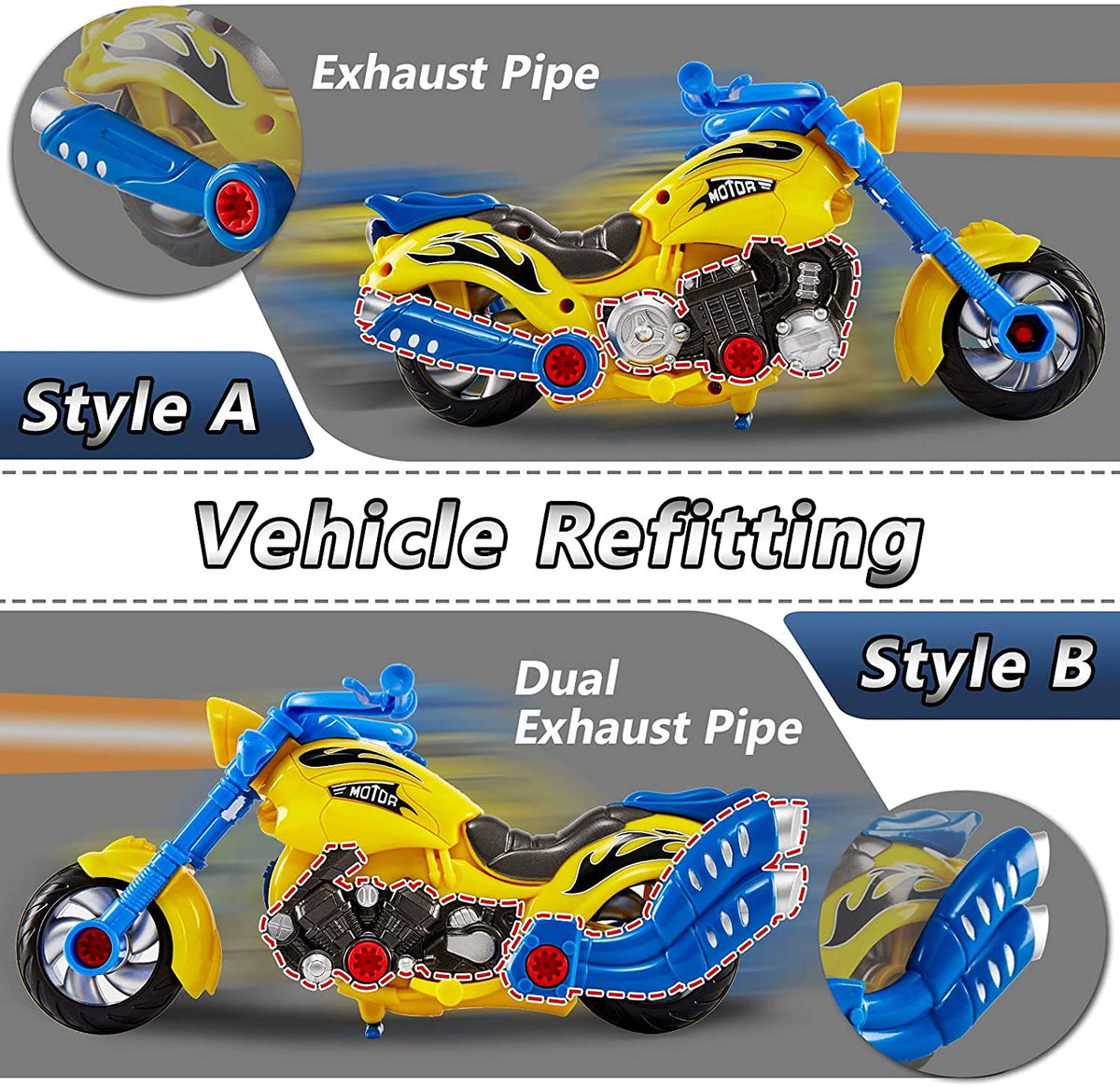 Liberty Imports take apart motorcycle with lights and sounds, thrilling pretend play at bedtime.