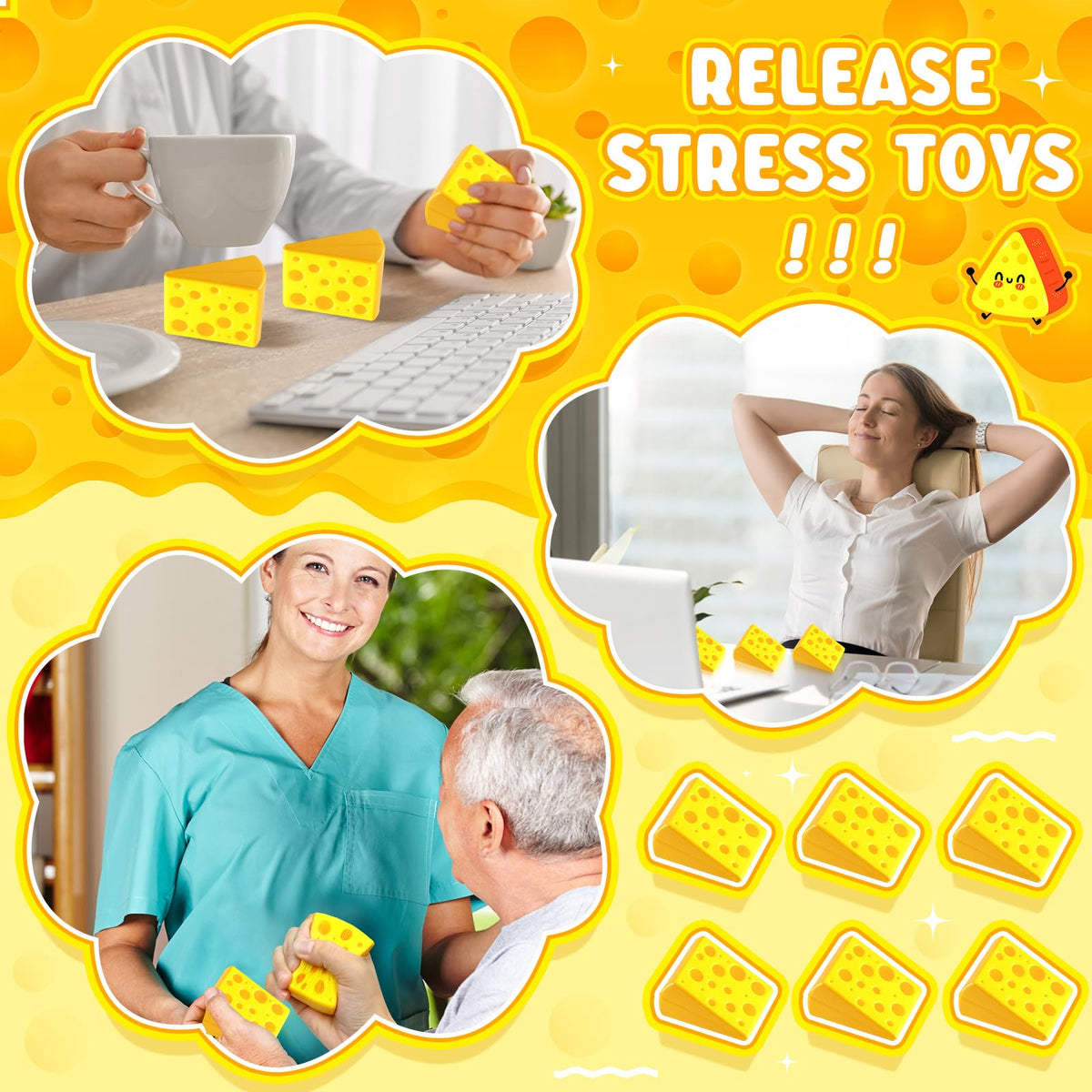 Libima cheese stress toy on desk scene showcases easy-access tension relief during work.