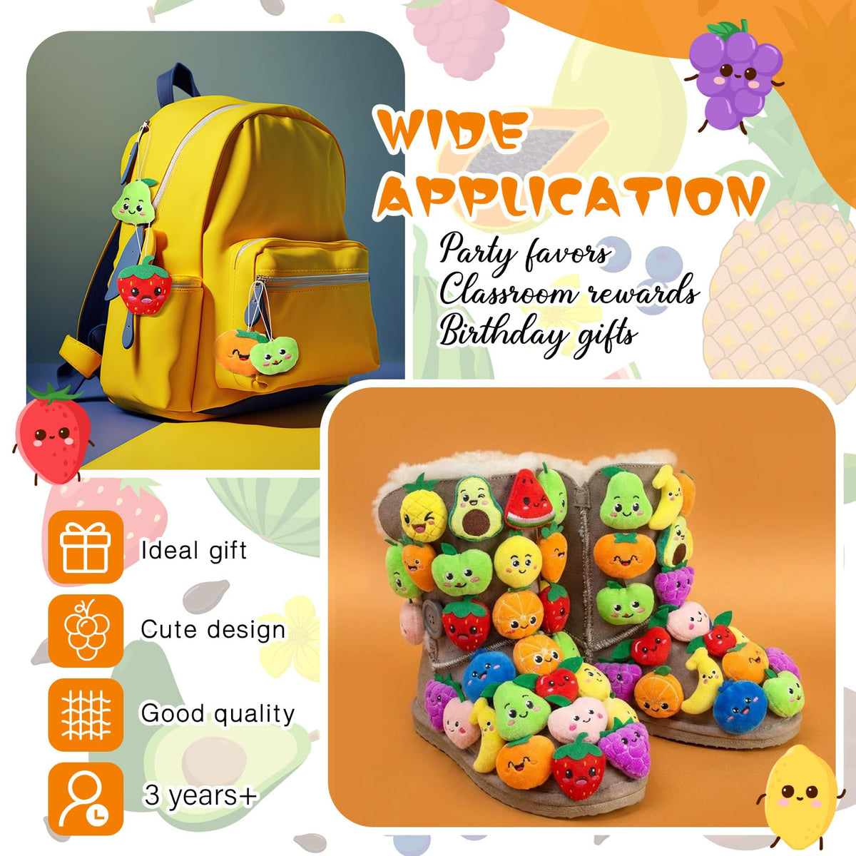 Libima fruit keychain on backpack shows cheerful style.