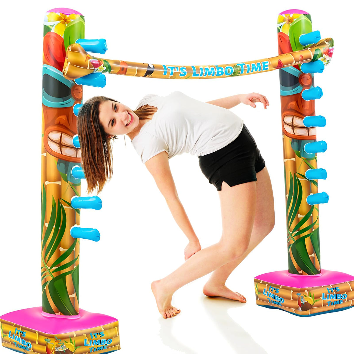 Libima limbo with flamingo design adds tropical flair to backyard events.