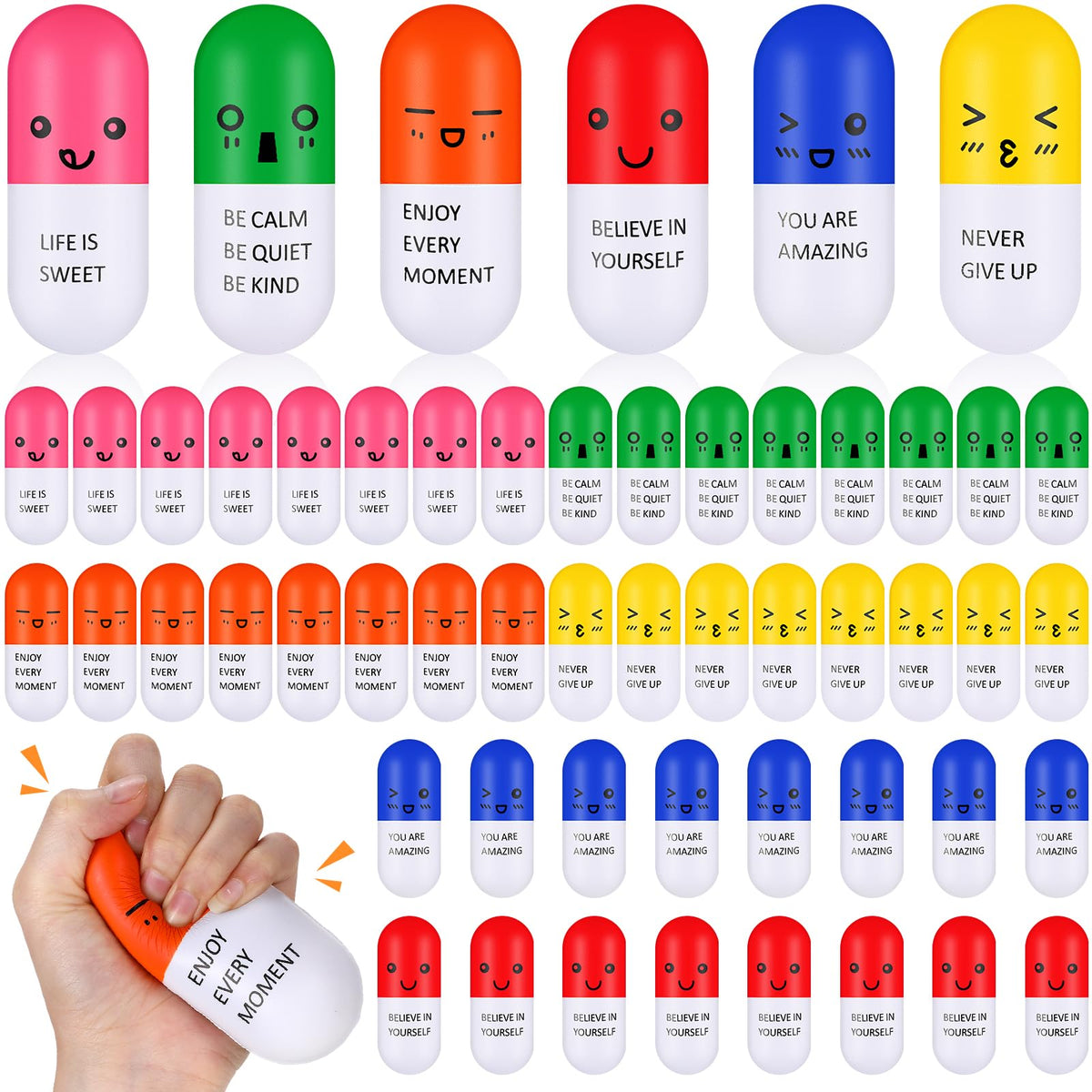 Libima pill stress balls in six colors for mood lifting and stress relief.