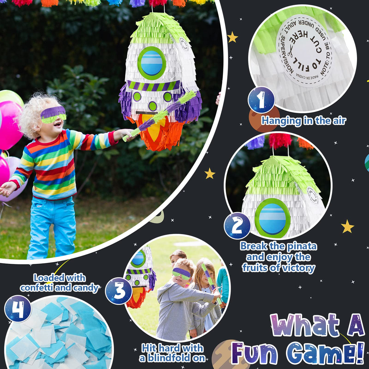 Libima rocket pinata confetti pack adds festive color and surprise.