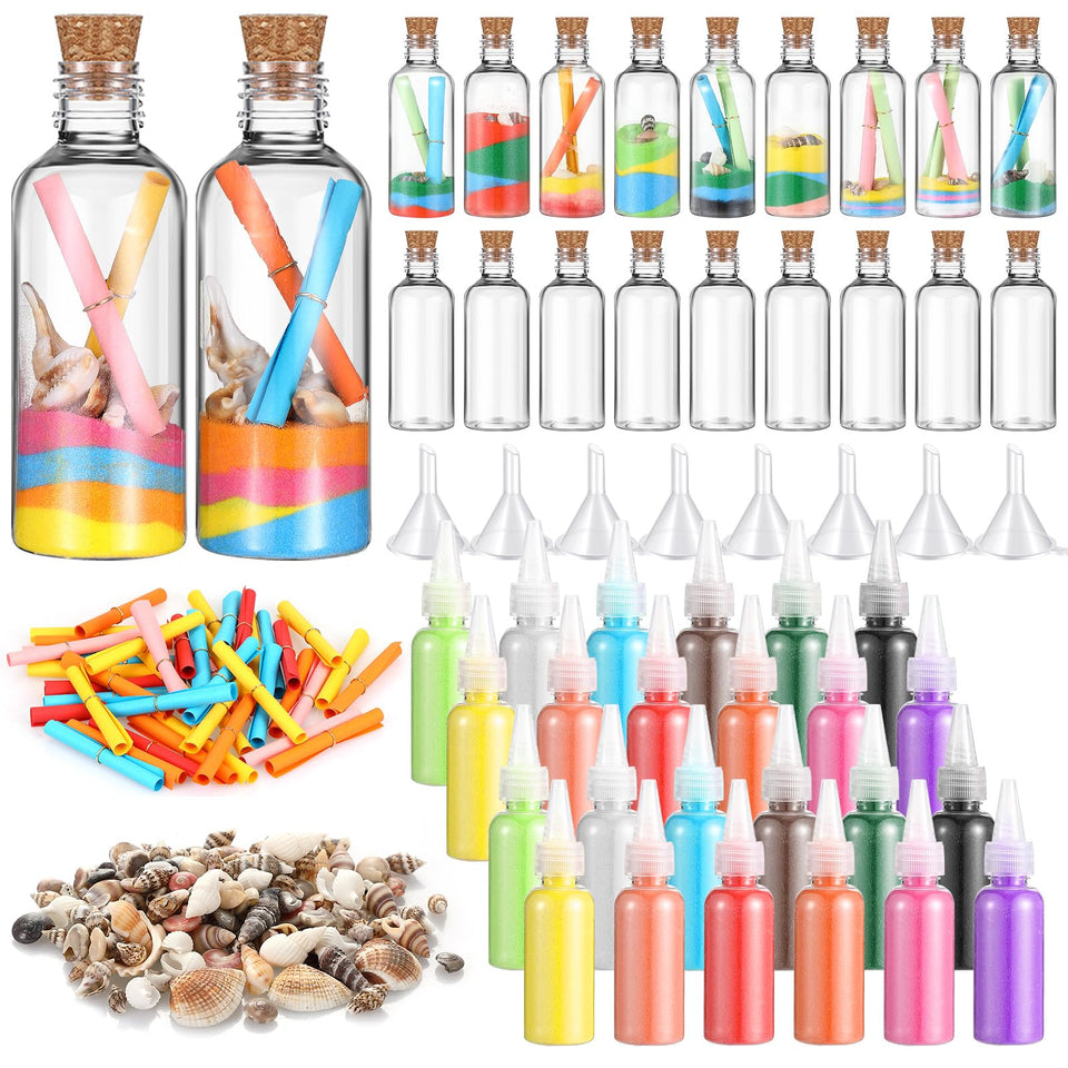Libima clear sand art bottles with 60 ml capacity, ideal for storing fine sands and shells.