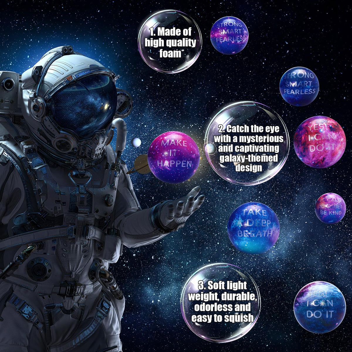 Libima space-themed stress ball promotes calm during study or work.