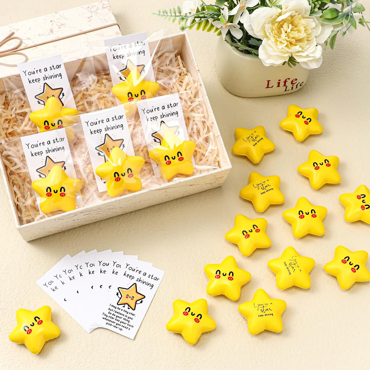 Libima star stress ball in packaging with cards ready for gifting