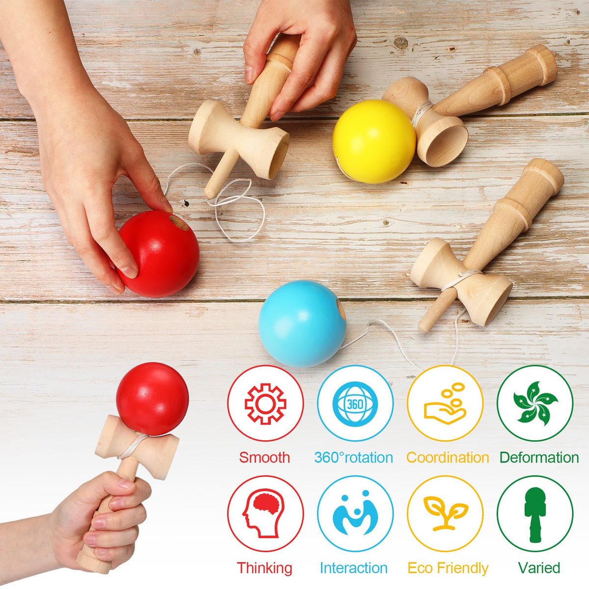 Libima kendama rope helps track the ball during play.