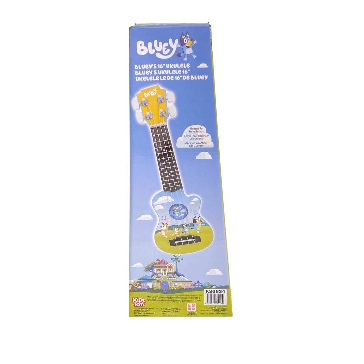License 2 Play Bluey ukulele back view, kid-friendly design supports easy handling