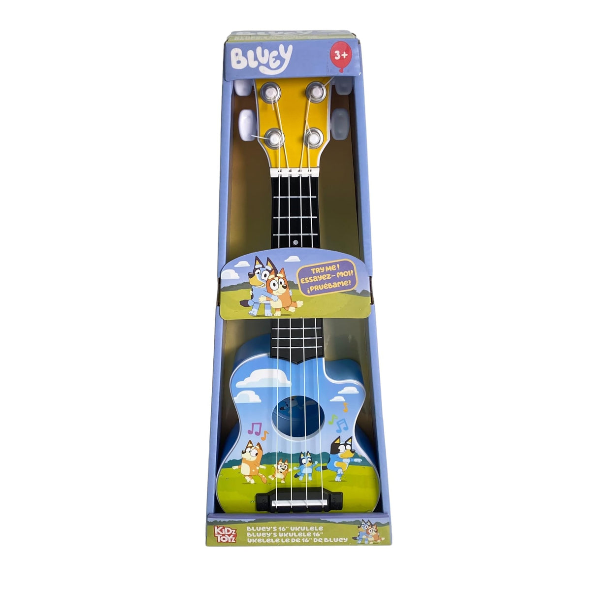 License 2 Play Bluey 16-inch ukulele front view, durable plastic body ideal for beginner practice