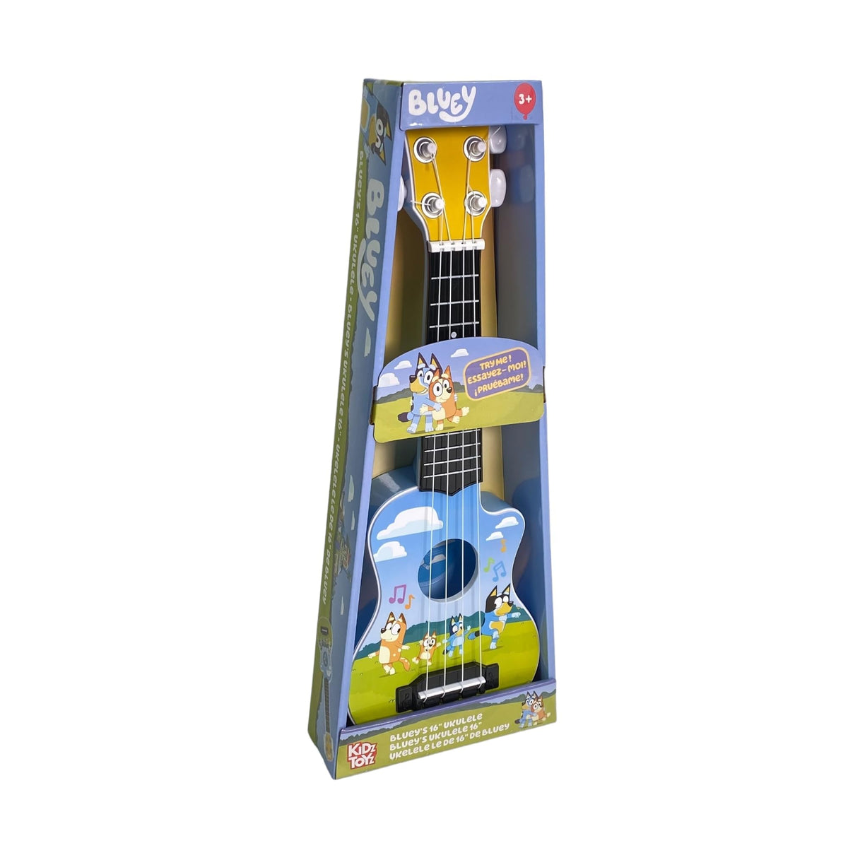 License 2 Play Bluey 16-inch ukulele strings close-up, tunable strings enable simple tuning