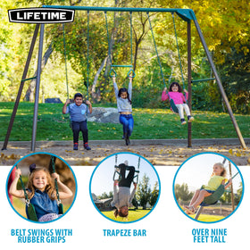 Lifetime swing set with gym rings to boost upper-body skills outdoors