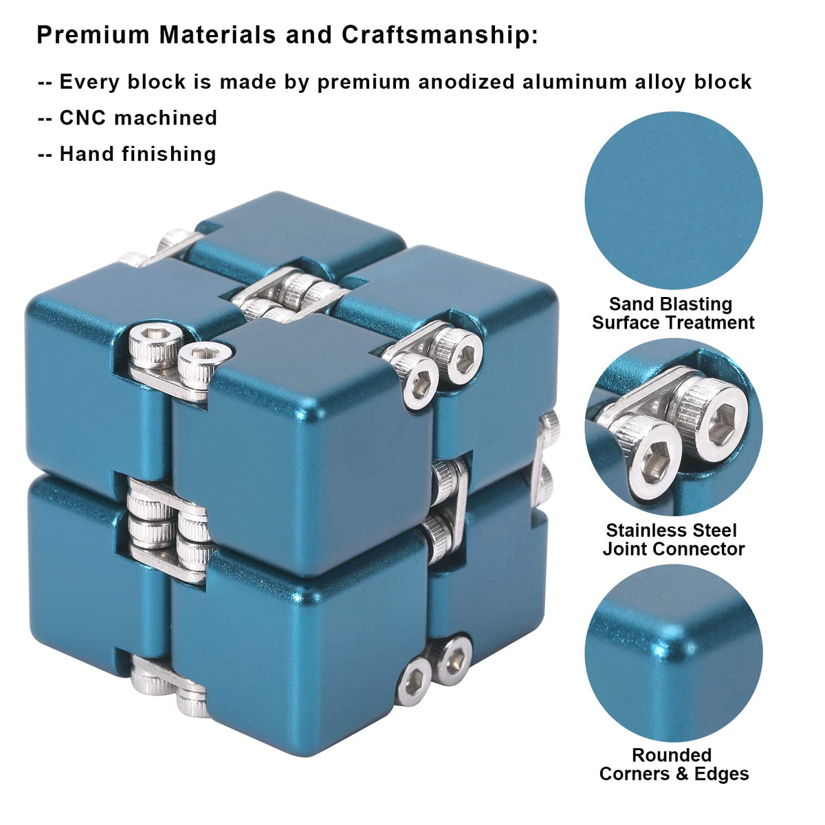 Lifidea Infinity Cube blue, front view, compact fidget for on-the-go.