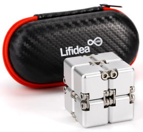 Lifidea Infinity Cube in silver, front view, promotes focus and stress relief.
