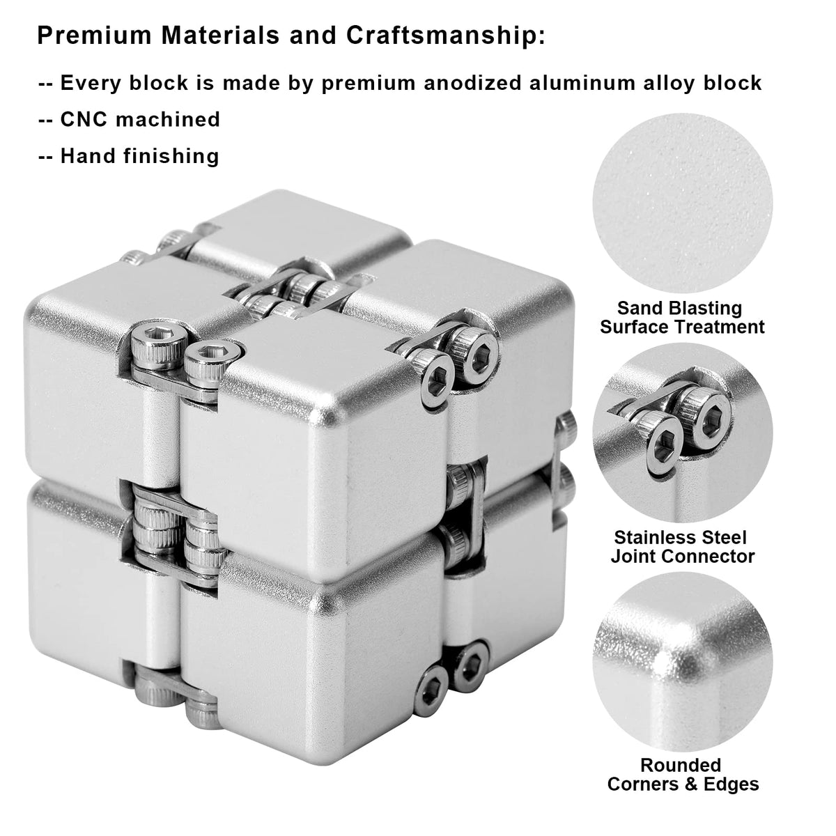 Lifidea Infinity Cube in silver, side view, balanced weight supports tactile play during work.
