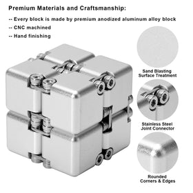 Lifidea Infinity Cube in silver, side view, balanced weight supports tactile play during work.