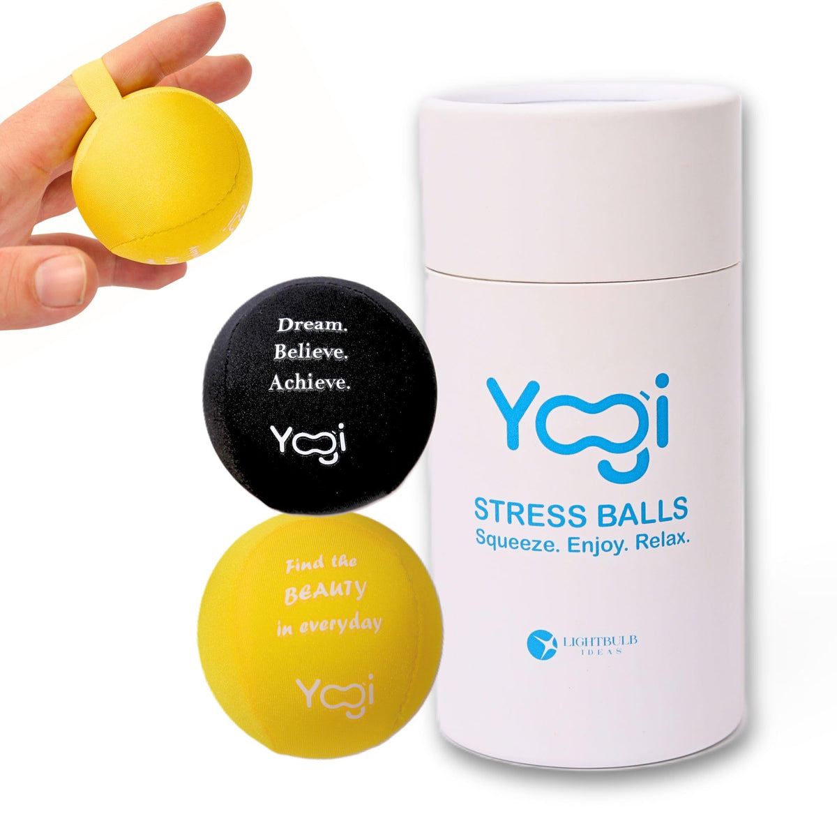 LIGHTBULB IDEAS Yogi Stress Ball with finger strap in hand for steady squeezing and grip training.